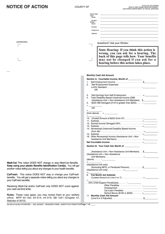 Fillable Form Na 200 - Notice Of Action - Multipurpose - Incl Budget Printable pdf
