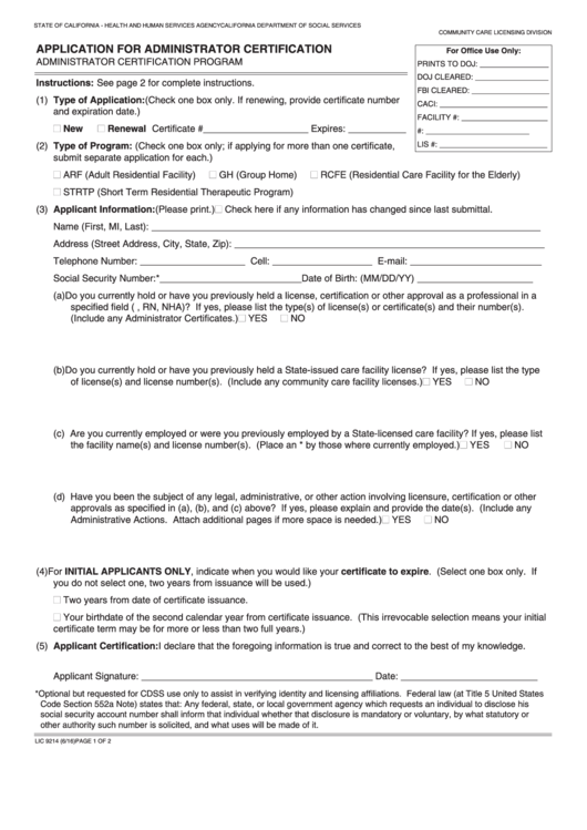 Fillable Form Lic 9214 - Application For Administrator Initial Certification - Administrator Certification Program Printable pdf
