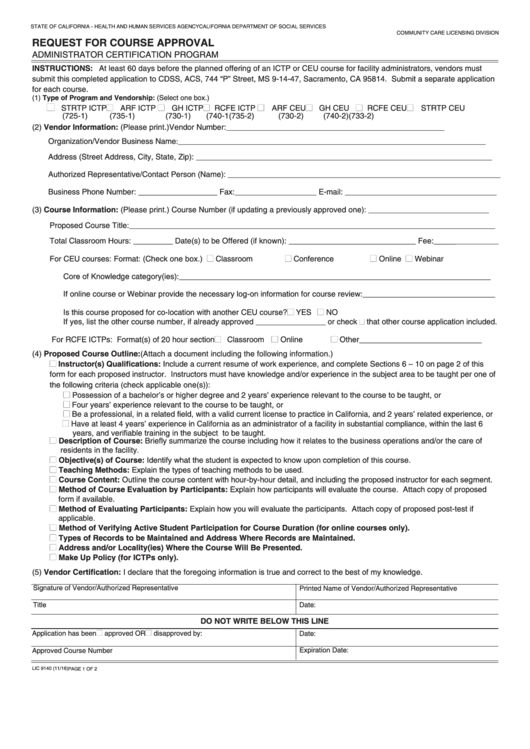 Fillable Form Lic 9140 - Request For Course Approval - Administrator Certification Program Printable pdf