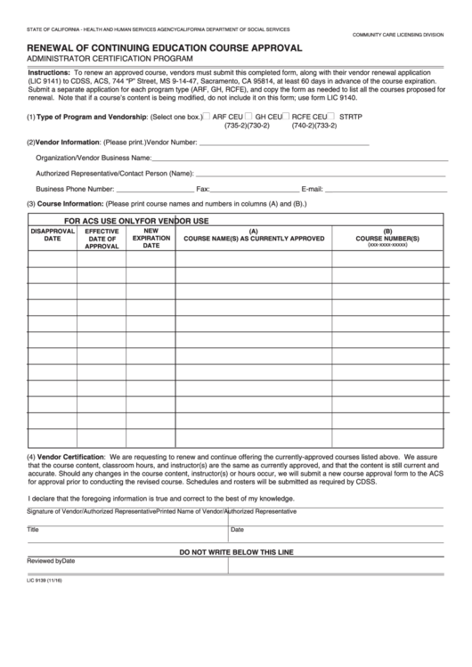 Fillable Form Lic 9139 - Renewal Of Continuing Education Course Approval - Administrator Certification Program Printable pdf