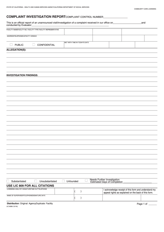 Fillable Form Lic 9099 - Complaint Investigation Report Printable pdf