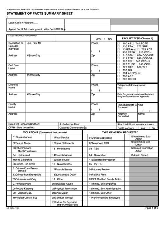 Fillable Form Lic 9029a - Statement Of Facts Summary Sheet Printable pdf