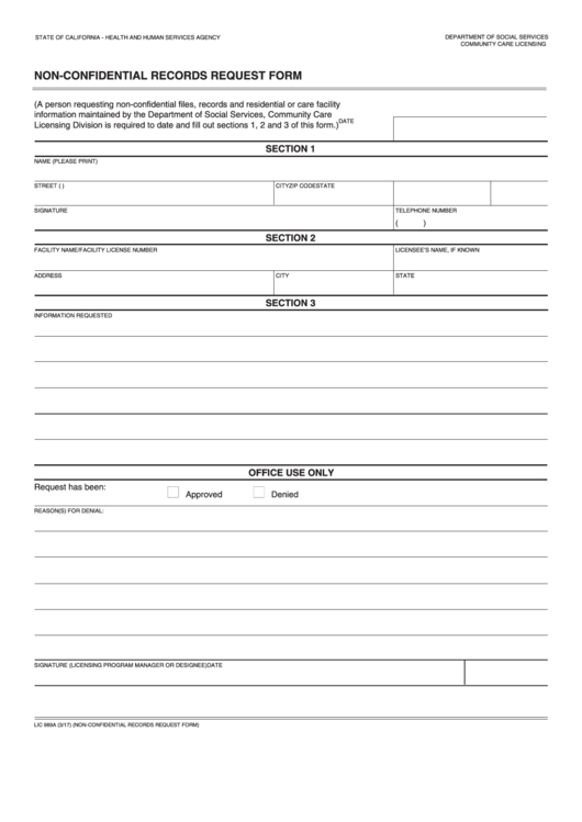 Fillable Form Lic 989a - Non-Confidential Records Request Form Printable pdf