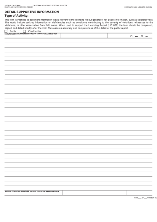 Fillable Form Lic 812 - Detail Supportive Information Printable pdf