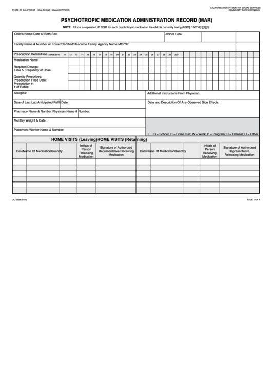 Fillable Form Lic 622b - Psychotropic Medication Administration Record (Mar) Printable pdf
