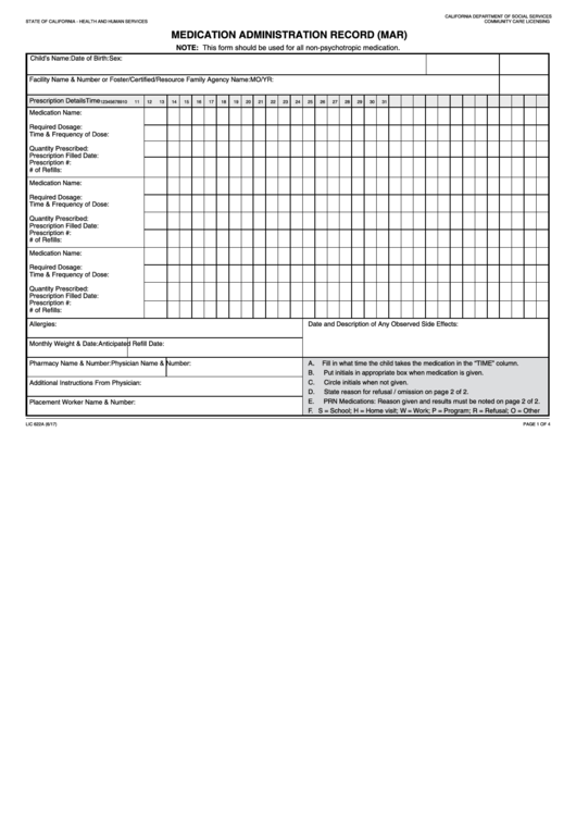 Fillable Form Lic 622a - Medication Administration Record (Mar) Printable pdf
