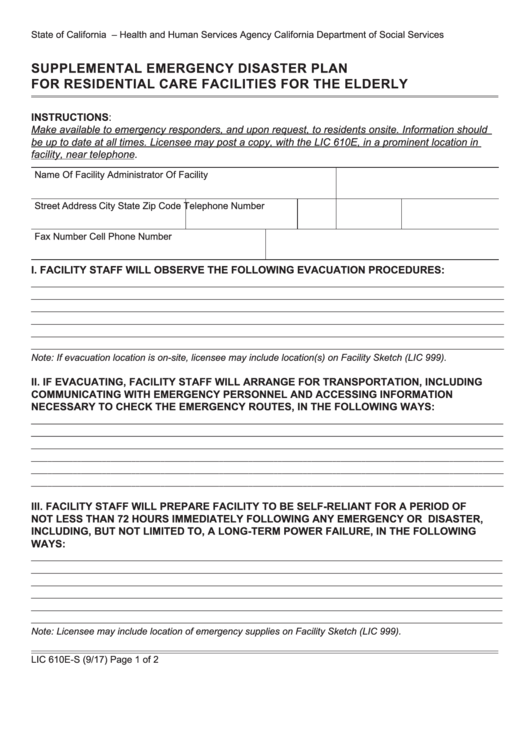 Fillable Form Lic 610e-S - Supplemental Emergency Disaster Plan For Residential Care Facilities For The Elderly Printable pdf