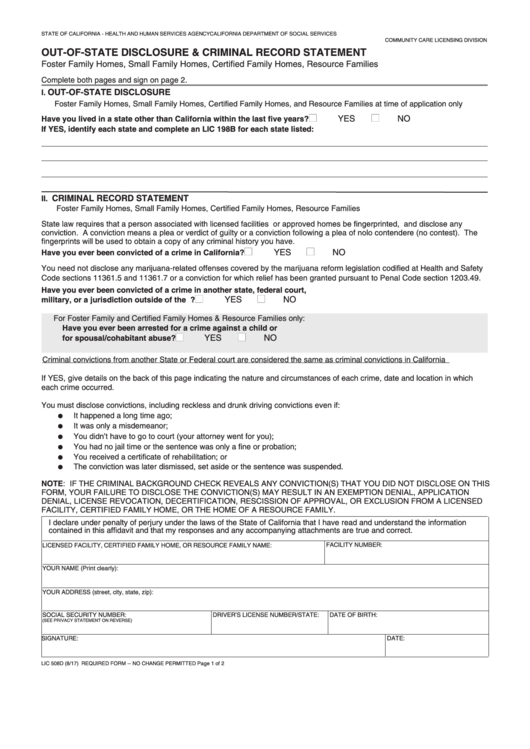 Fillable Form Lic 508d - Out-Of-State Disclosure And Criminal Record Statement Printable pdf