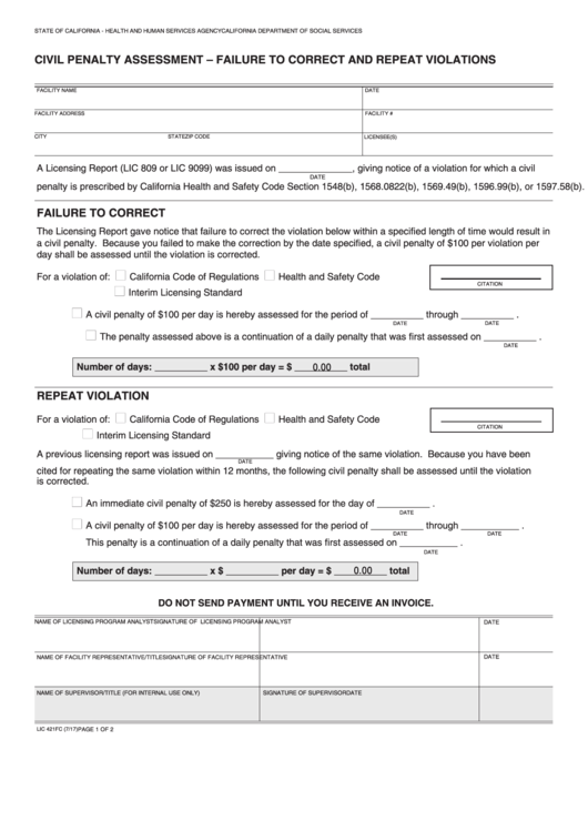 Fillable Form Lic 421fc - Civil Penalty Assessment - Failure To Correct And Repeat Violations Printable pdf