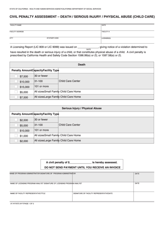 Fillable Form Lic 421d(Cc) - Civil Penalty Assessment - Death/serious Injury/physical Abuse (Child Care) Printable pdf