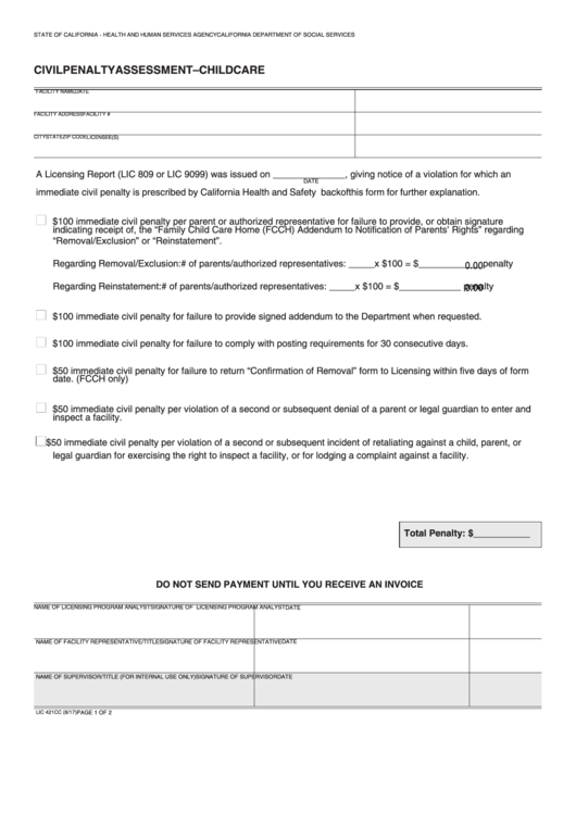 Fillable Form Lic 421cc - Civil Penalty Assessment - Child Care Printable pdf