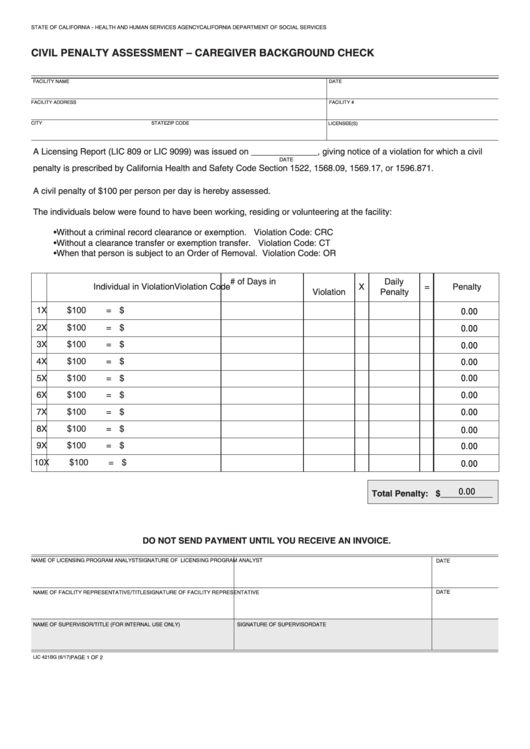 Fillable Form Lic 421bg - Civil Penalty Assessment - Caregiver Background Check Printable pdf