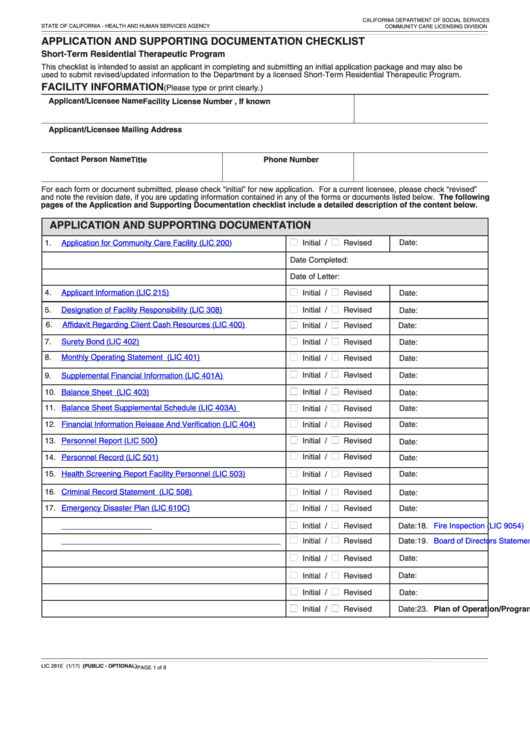 Fillable Form Lic 281e - Application And Supporting Documentation Checklist - Short-Term Residential Therapeutic Program Printable pdf