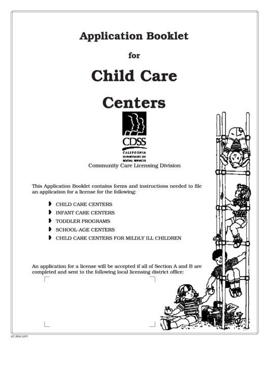 Form Lic 281a - License Application And Instructions For Child Care Centers Printable pdf
