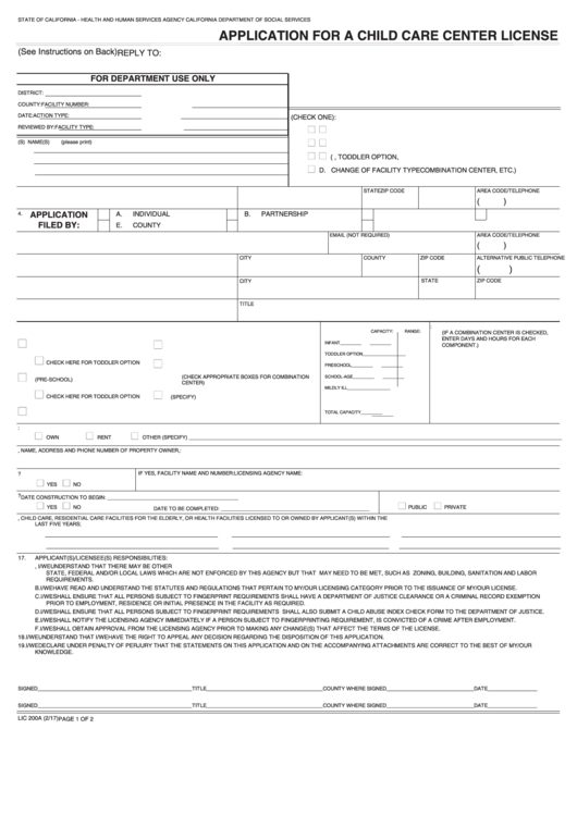 Fillable Form Lic 200a - Application For A Child Care Center License Printable pdf