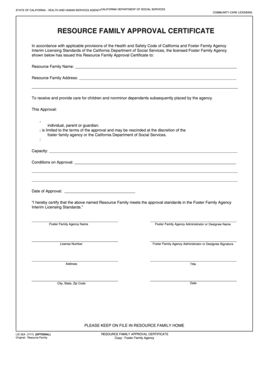 Fillable Form Lic 05a - Resource Family Approval Certificate Printable pdf