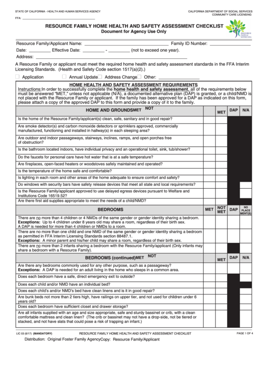 Fillable Form Lic 03 - Resource Family Home Health And Safety Assessment Checklist Printable pdf