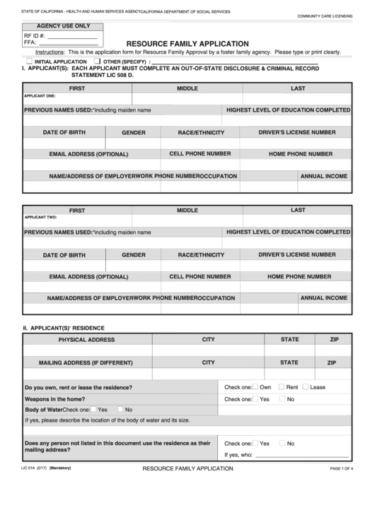 Fillable Form Lic 01a - Resource Family Application Printable pdf