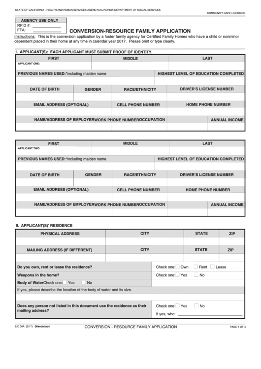 Fillable Form Lic 00a - Conversion - Resource Family Application Printable pdf