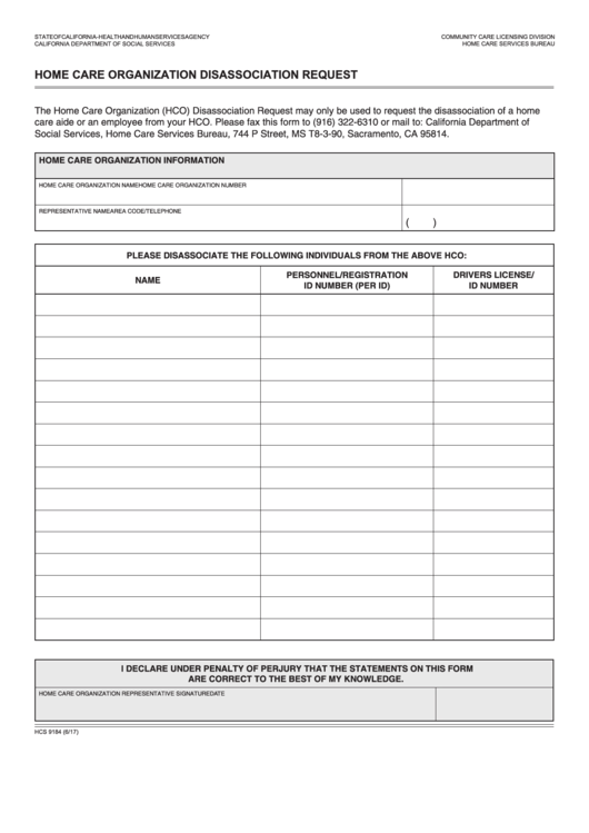 Fillable Form Hcs 9184 - Home Care Organization Disassociation Request Printable pdf