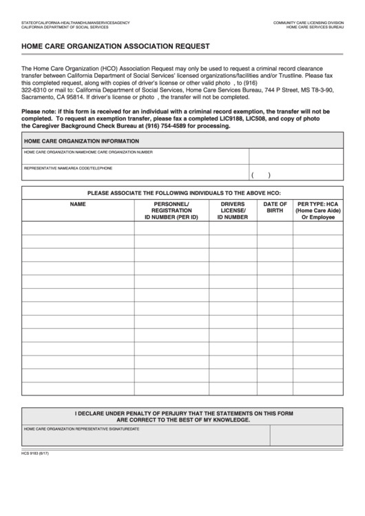 Fillable Form Hcs 9183 - Home Care Organization Association Request Printable pdf