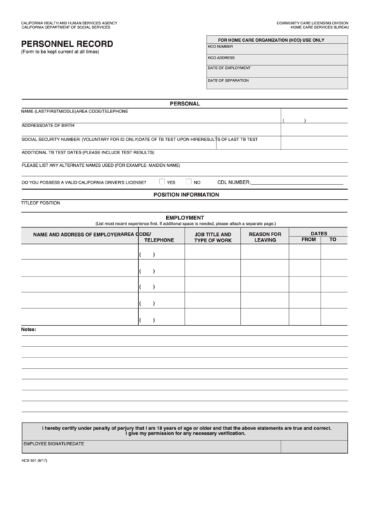 Fillable Form Hcs 501 - Personnel Record Printable pdf
