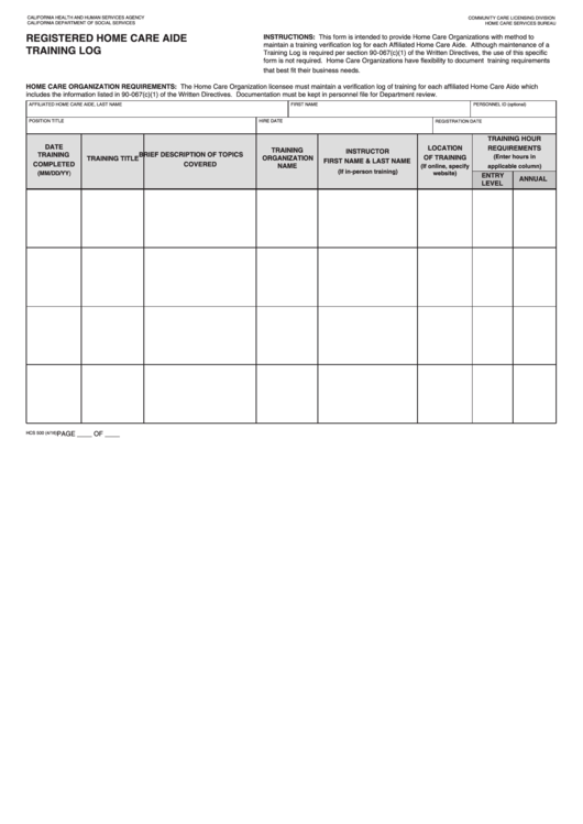 Fillable Form Hcs 500 - Registered Home Care Aide Training Log Printable pdf
