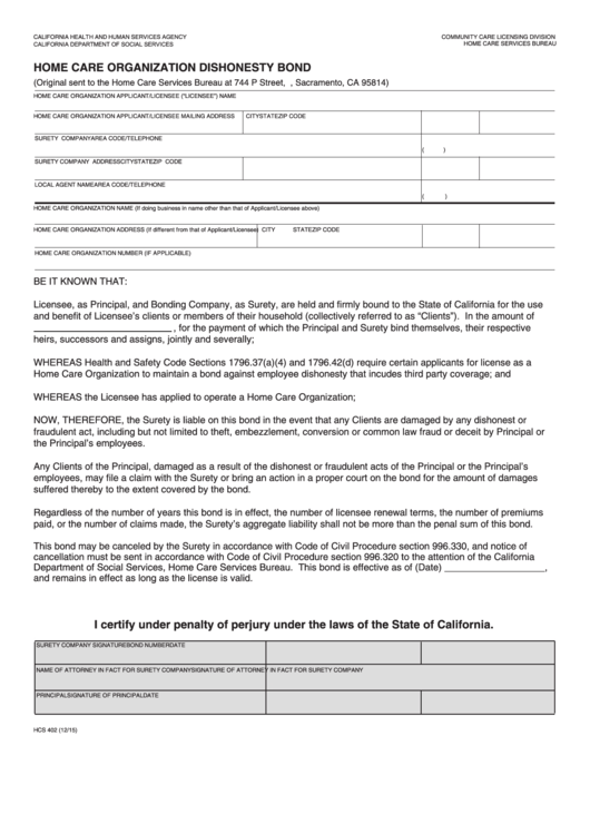 Fillable Form Hcs 402 - Home Care Organization Dishonesty Bond Printable pdf