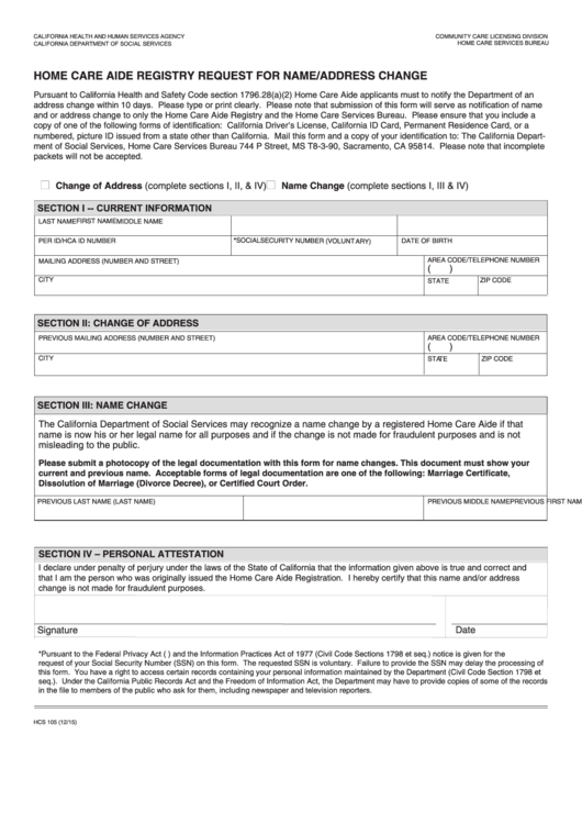 Fillable Form Hcs 105 - Home Care Aide Registry Request For Name/address Change Printable pdf