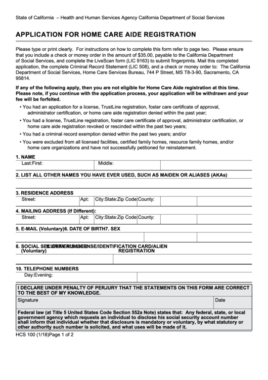 Fillable Form Hcs 100 - Application For Home Care Aide Registration Printable pdf