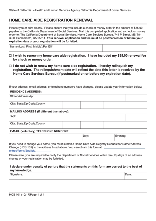 Fillable Form Hcs 101 - Home Care Aide Registration Renewal Printable pdf