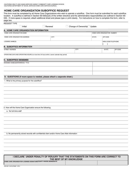 Fillable Form Hcs 001 - Home Care Organization Suboffice Request Printable pdf