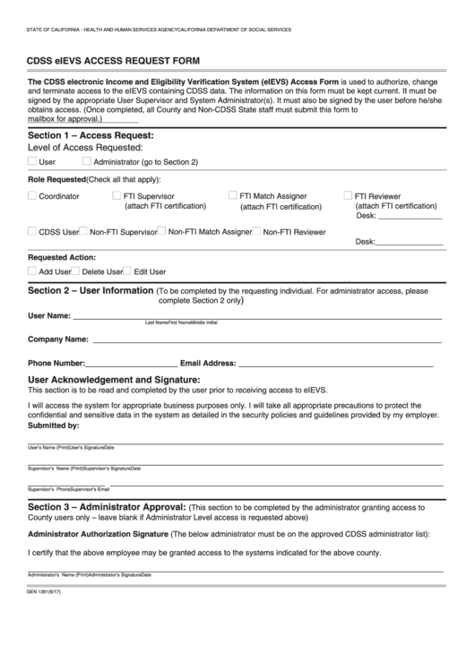 Fillable Form Gen 1391 - Cdss Eievs Access Request Form Printable pdf