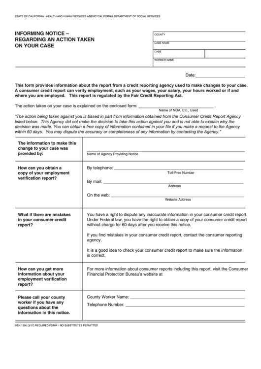 Fillable Form Gen 1390 - Informing Notice - Regarding An Action Taken On Your Case Printable pdf