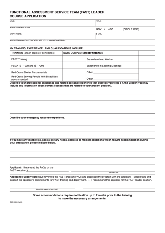Fillable Form Gen 1389 - Functional Assessment Service Team (Fast) Leader Course Application Printable pdf