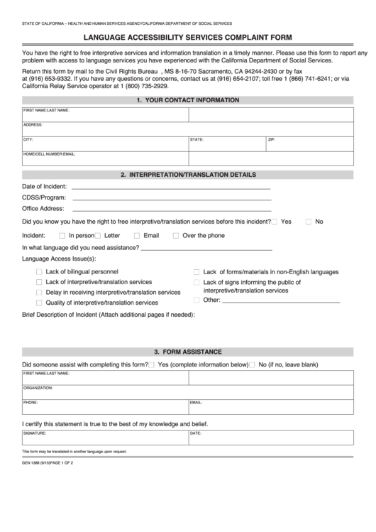 Fillable Form Gen 1388 - Language Accessibility Services Complaint Form Printable pdf