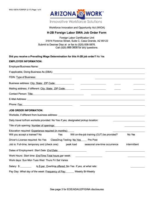 Fillable Form Wio-1057a Forpdf - H-2b Foreign Labor Swa Job Order Form Printable pdf