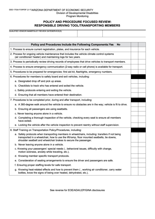 Fillable Form Ddd-1753a Forpdf - Policy And Procedure Focused Review: Responsible Driving Tool/transporting Members Printable pdf