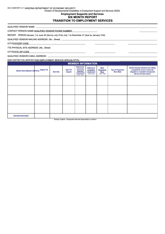 Fillable Form Ddd-1405bforff - Six Month Report Transition To Employment Services Printable pdf