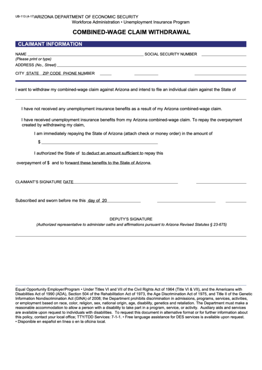 Fillable Form Ub-113 - Combined-Wage Claim Withdrawal Printable pdf