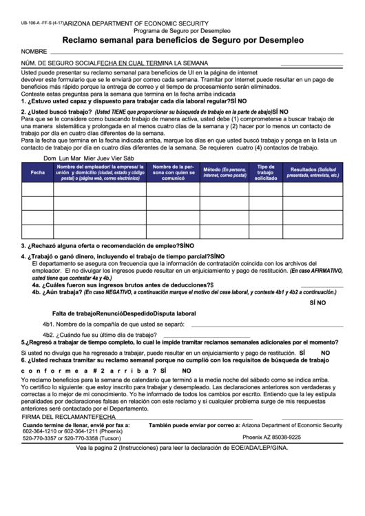 Fillable Form Ub-106-A-Ff-S - Reclamo Semanal Para Beneficios De Seguro Por Desempleo Printable pdf