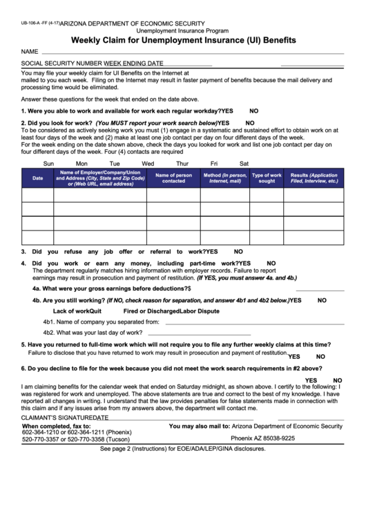 Fillable Form Ub-106-A-Ff - Weekly Claim For Unemployment Insurance (Ui) Benefits Printable pdf