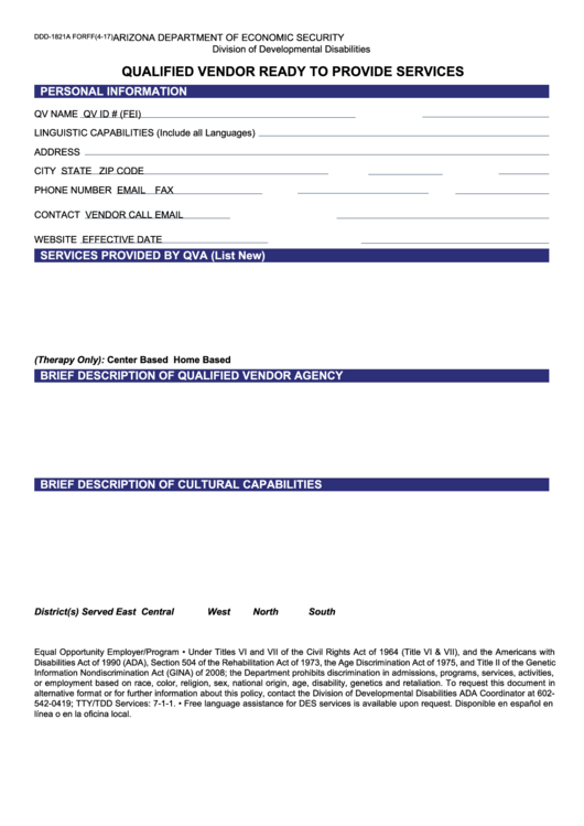 Fillable Form Ddd-1821a Forff - Qualified Vendor Ready To Provide Services Printable pdf