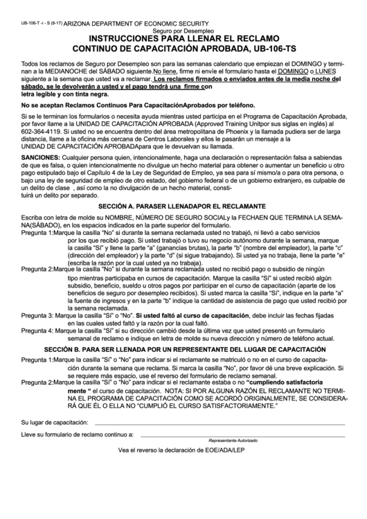 Instructions For Form Ub-106-Ts - Instrucciones Para Llenar El Reclamo Continuo De Capacitacion Aprobada Printable pdf