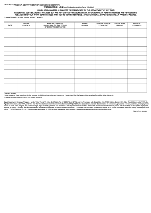 Fillable Form Ub-101-A - Work Search Log Printable pdf