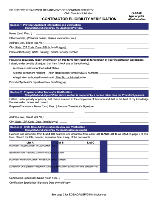 Fillable Form Cca-1114a Forff - Contractor Eligibility Verification Printable pdf