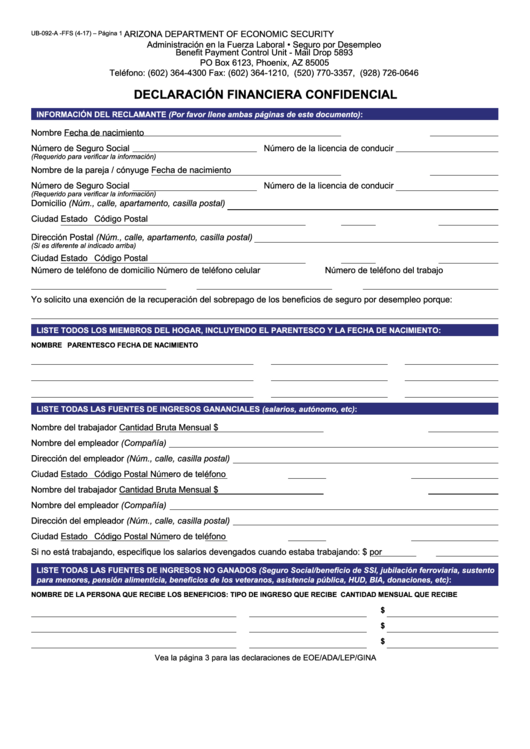 Fillable Form Ub-092-A-Ffs - Declaracion Financiera Confidencial Printable pdf