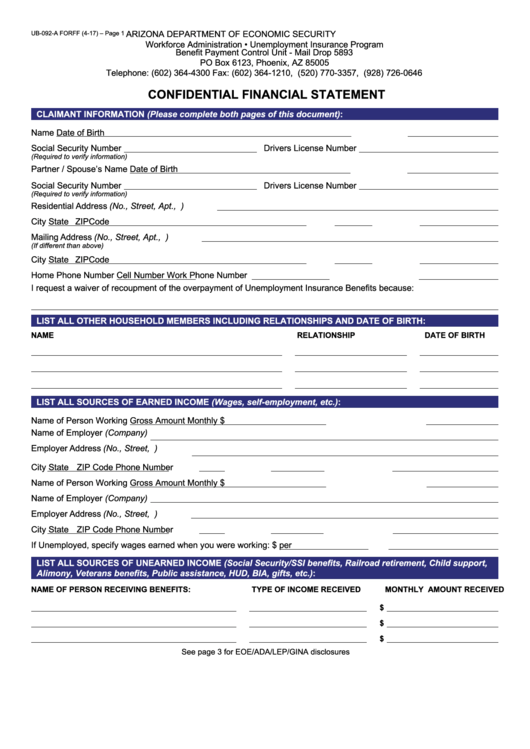 Fillable Form Ub-092-A Forff - Confidential Financial Statement Printable pdf