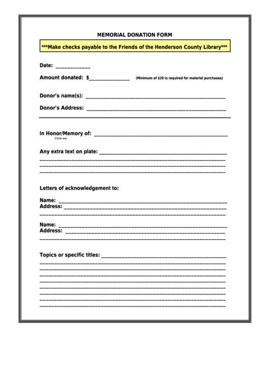 Memorial Donation Form Printable pdf