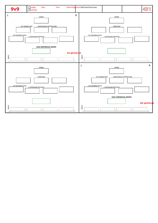 Fillable Soccer Formation Lineup Sheet 9v9 4-3-1 Printable pdf